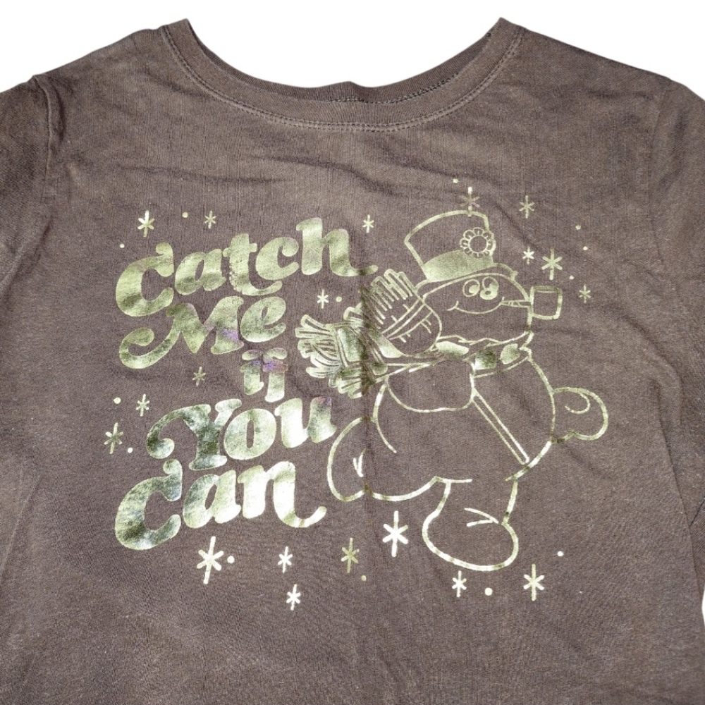 FROSTY THE SNOWMAN Brown Short Sleeve T-Shirt Gold Graphic Nostalgic Christmas